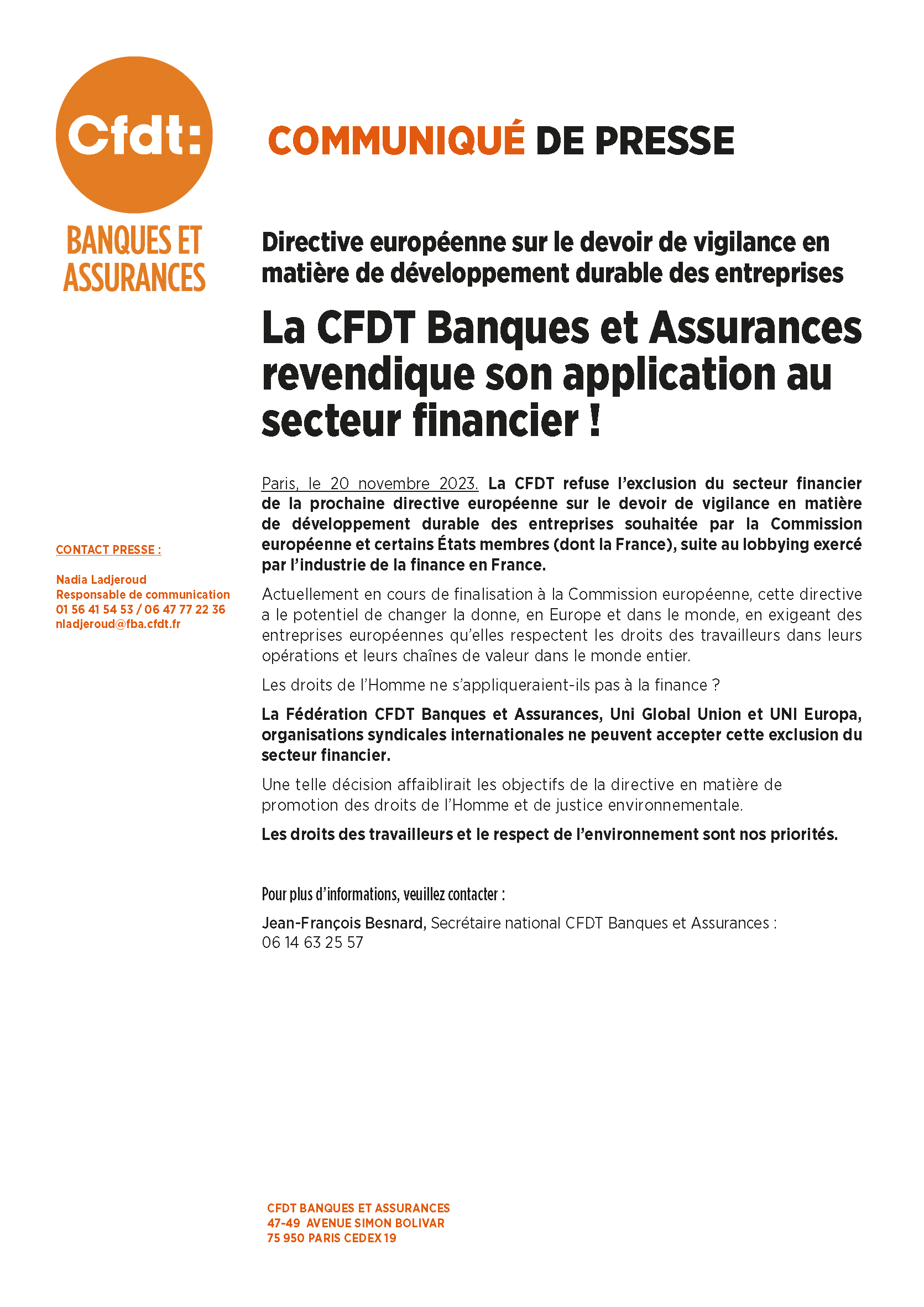 CP_ CFDT Banques et Assurances _Directive européenne sur le devoir de vigilance en matière de développement durable des entreprises : la CFDT revendique son application au secteur financier !