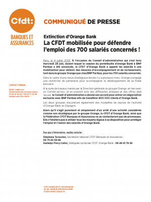 Extinction d’Orange Bank La CFDT mobilisée pour défendre l’emploi des 700 salariés concernés !