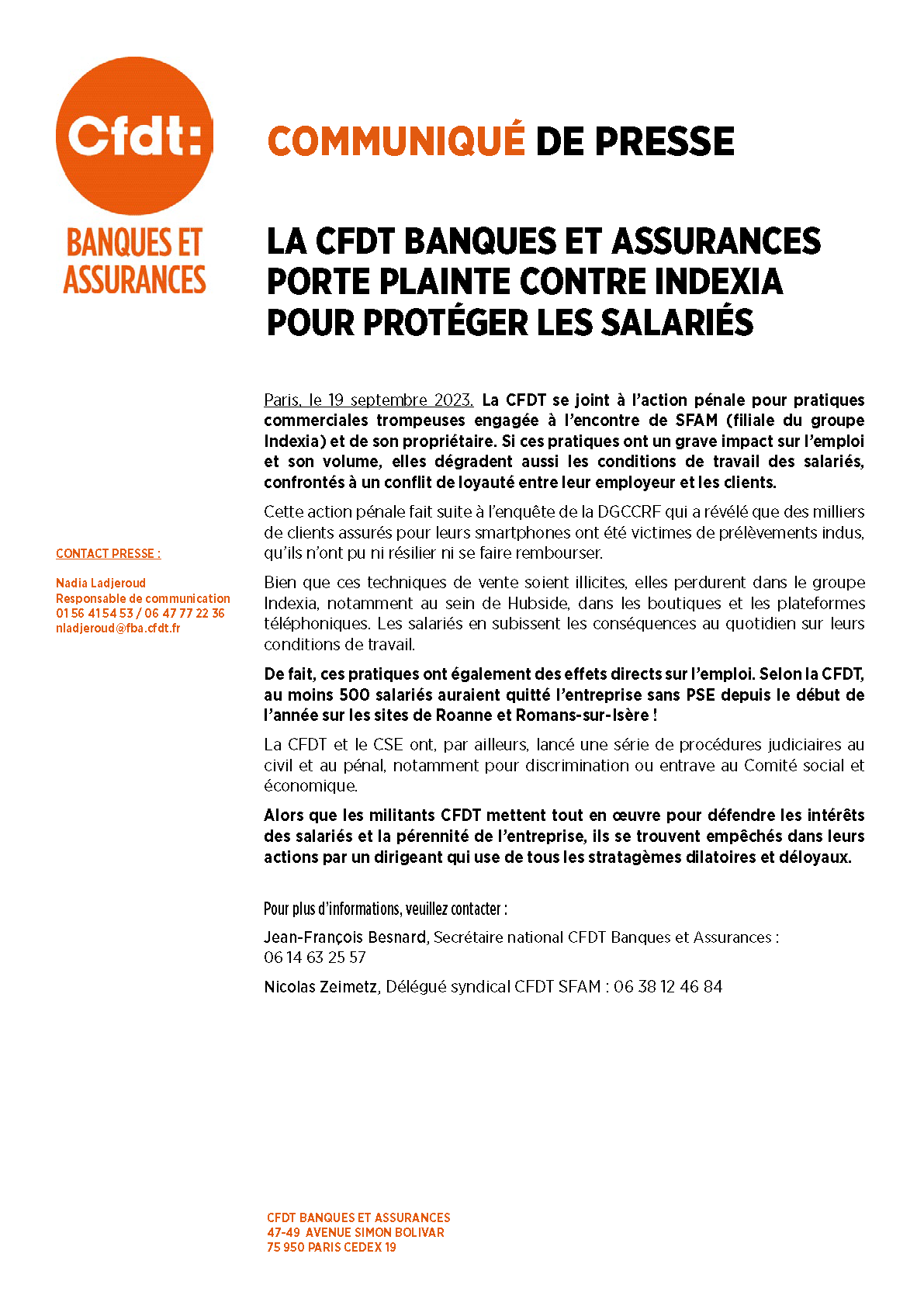 CP_La CFDT Banques et Assurances _Plainte contre INDEXIA