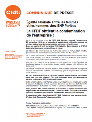 Égalité salariale entre les femmes  et les hommes chez BNP Paribas La CFDT obtient la condamnation  de l’entreprise !